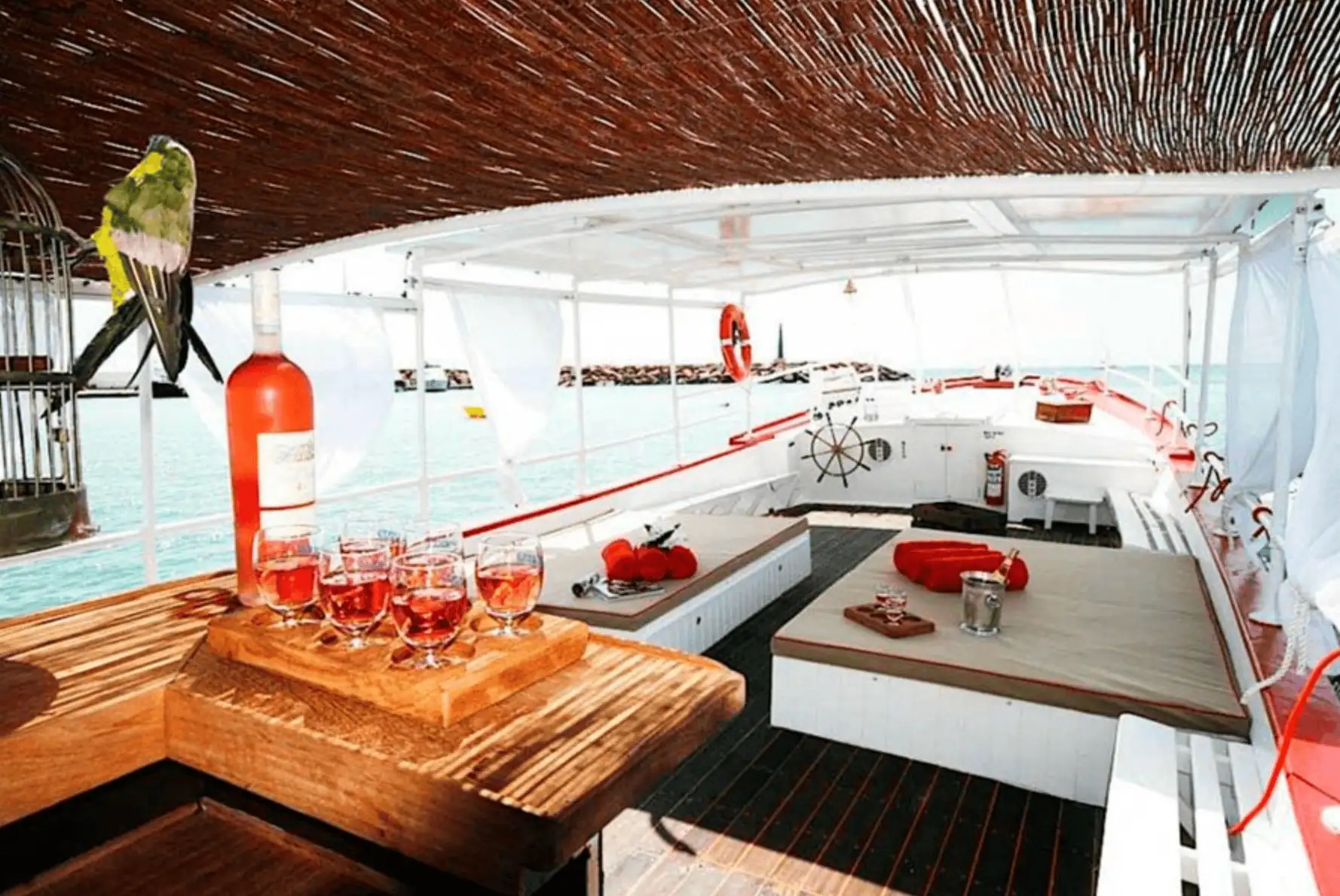 Cozy interior of Salvador boat during sunset