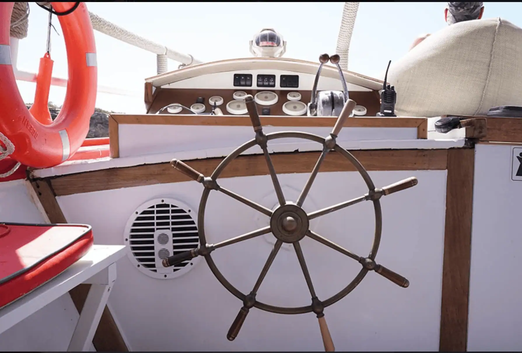 View from the boat's console at sunset