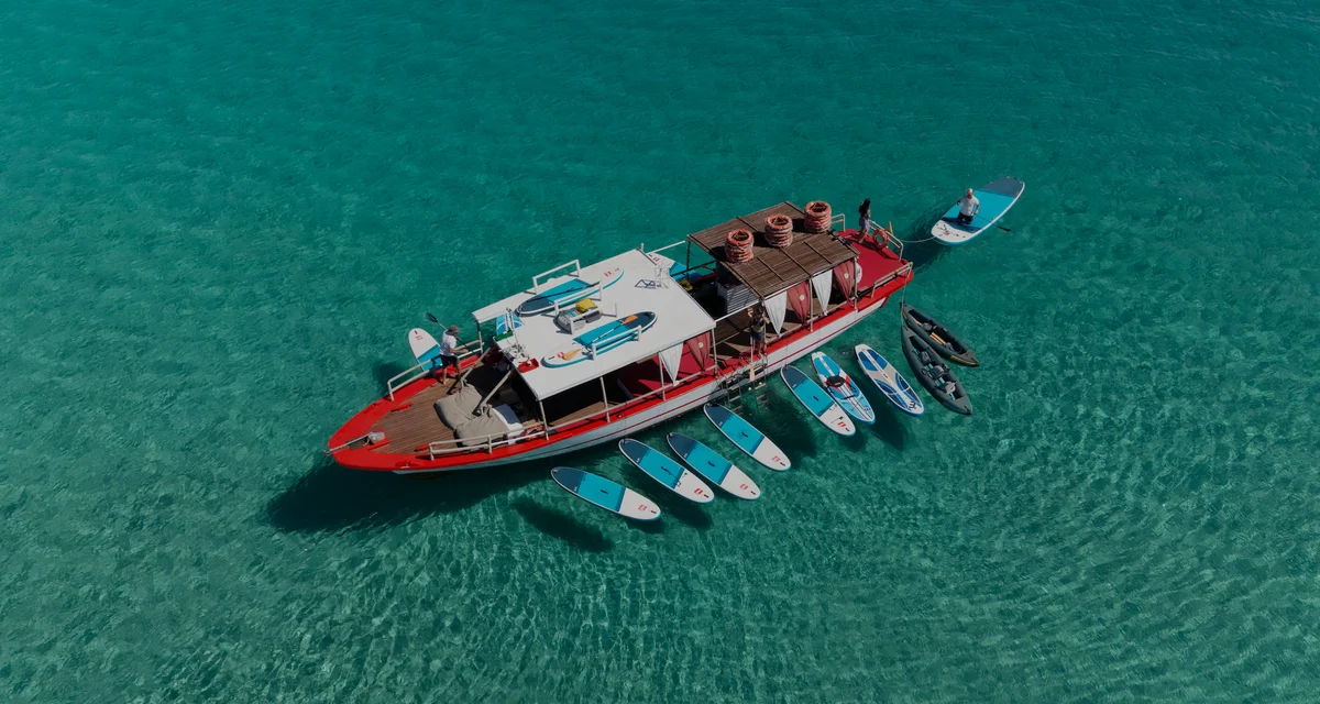 Aerial view of the Salvador Ibiza bow lounge area in Cala Comte